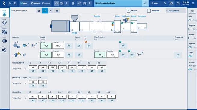Information about heating zones and extrusion on one page